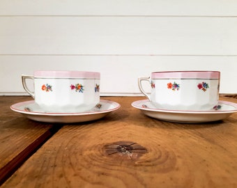 Extra Large Flat Tea Cup and Saucer Set Limoges China Pink Floral Pattern, White Porcelain Cup Saucer Vintage Set 2