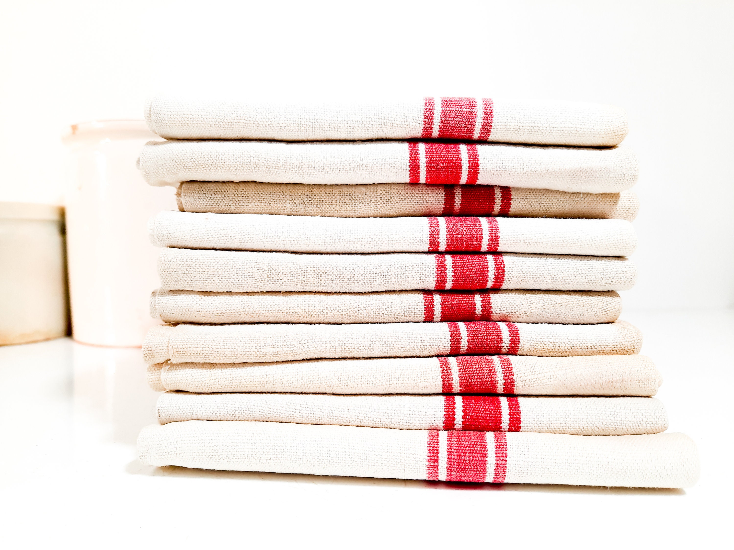 2 Français Vintage Extra Large Linen Tea Towel avec Monogramme Initial Mr Red Stripes Kitchen Dish C