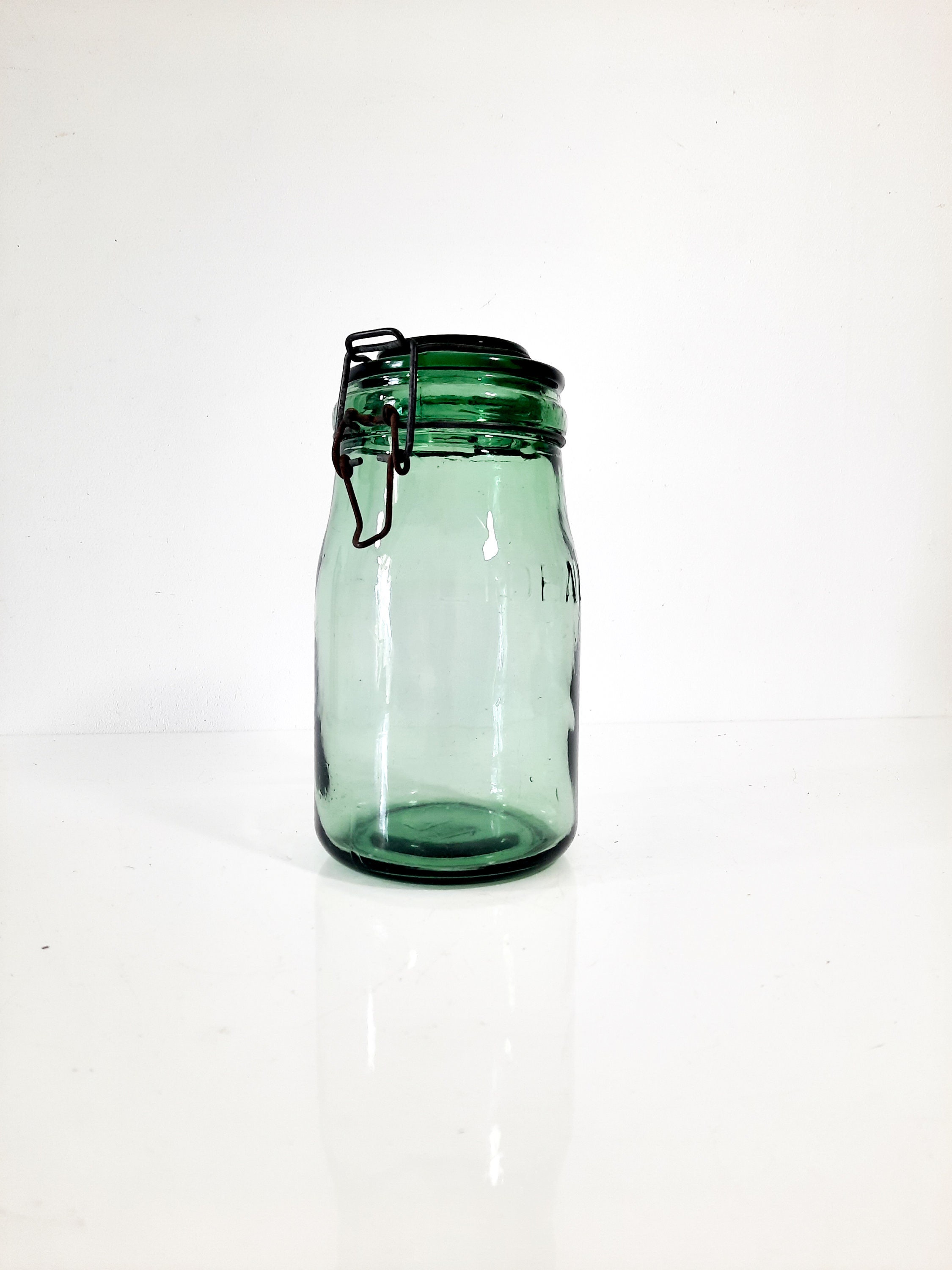 Français Pot de Conserve en Verre Vert Vintage avec Couvercle Contenant Préservation Ideale 1 Litre