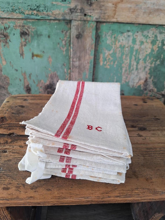Französisches Leinen Geschirrtuch Rot Gestreift, BC Monogramm Küchentuch, Vintage Französisch Torchon, Rustikale Bauernhaus Küchenwäsche Dekor
