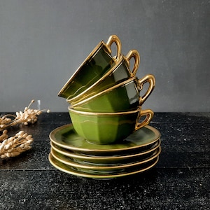 Large Flat Cup and Saucer Set Green and White Coffee Set Ceramic, Brasserie Coffee or Chocolate Bistro Style, For ONE set