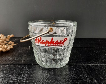 French Vintage Glass Ice Bucket ST RAPHAEL Quinquina Advertising Bucket Glass with Gilted Handle, French Bistro Anisette, Seau à Glaçons