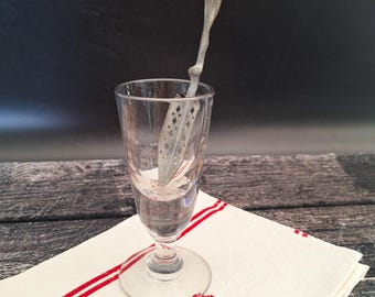 Vintage French Absinthe Glass with Slotted Spoon, Antique Absinthe Sugar Spoon and Café Glass, Belle Époque Barware