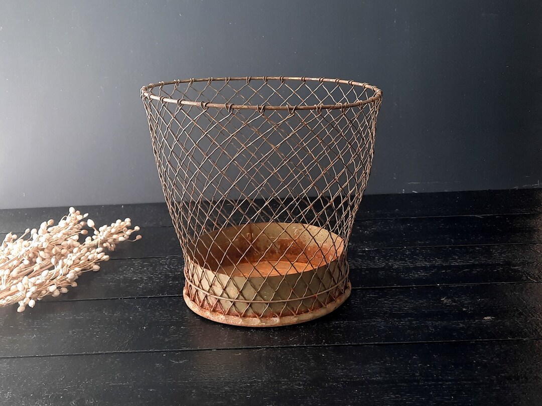 French Wastepaper Basket Vintage Wire Industrial Paper Office Trash Can