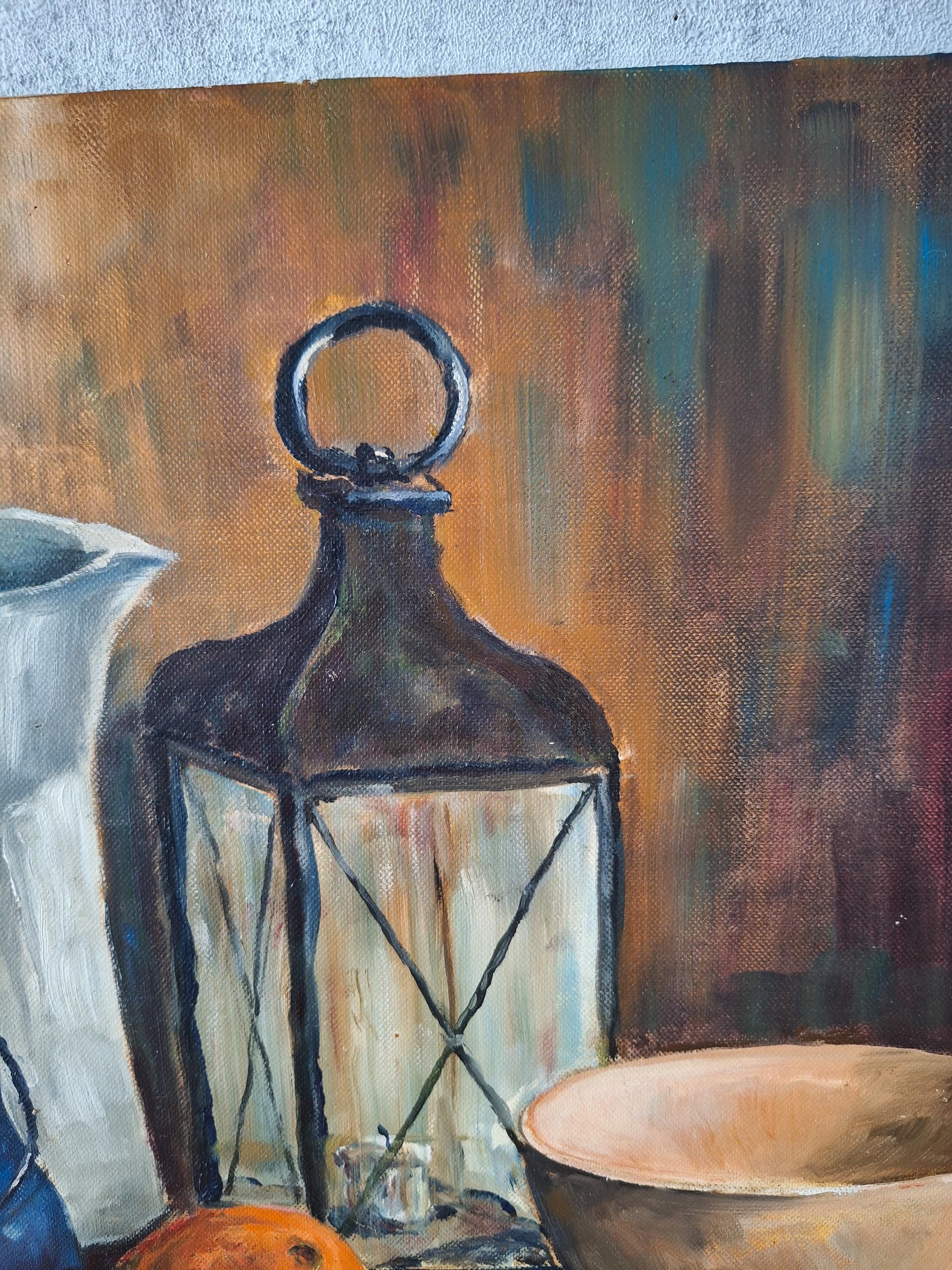 Vintage French Still Life Painting, Oil on Canvas Board, Rustic