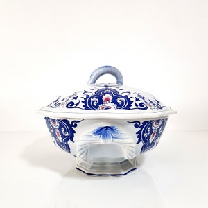 Large French Vintage Tureen with Lid, SALINS Rouen France, Lidded French Soupiere Ceramic White Blue, Large Serving Bowl, Pottery Soup Bowl image 9