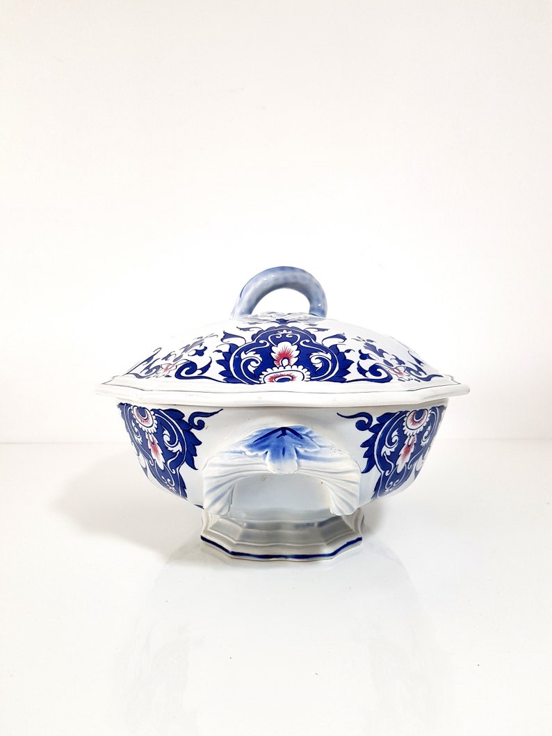 Large French Vintage Tureen with Lid, SALINS Rouen France, Lidded French Soupiere Ceramic White Blue, Large Serving Bowl, Pottery Soup Bowl image 9