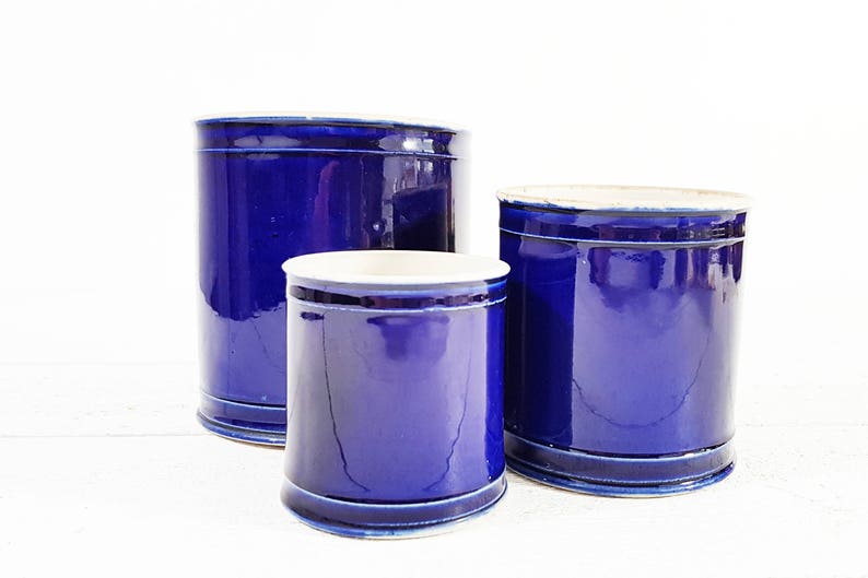 Set of 3 French Navy Blue Glazed Pottery Crock Pot Plant Etsy