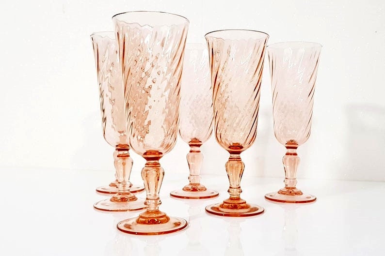 Blush Pink Champagne Flutes from Luminarc Rosaline Set of 6 Pink Swirl Glasses France image 1