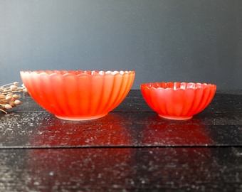 Set of 2 DURALEX Glass Serving Bowls Red Vintage French Opaline Bowl Pastel Serving Dish, Scalloped Edge 1950s