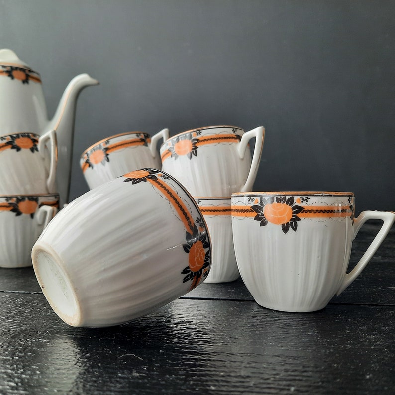 Art Deco Orange and Black Coffee Set LIMOSA 1930s Limoges China Coffee Service for 8 image 3