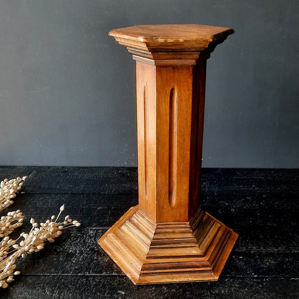 Wood Hexagonal Column Pedestal, 1970s, Vintage French Wooden Pedestal Stand Display Plant Pot