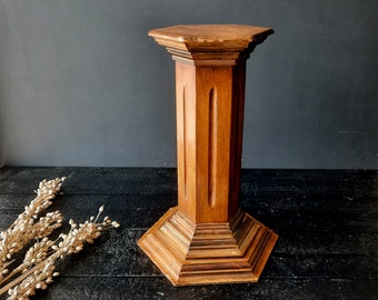 Wood Hexagonal Column Pedestal, 1970s, Vintage French Wooden Pedestal Stand Display Plant Pot