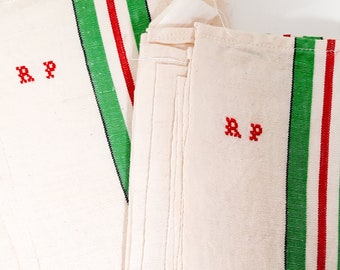 Pour 2 GRAND torchon en lin vintage français avec rayures rouges et vertes et monogramme RP serviette en lin naturel