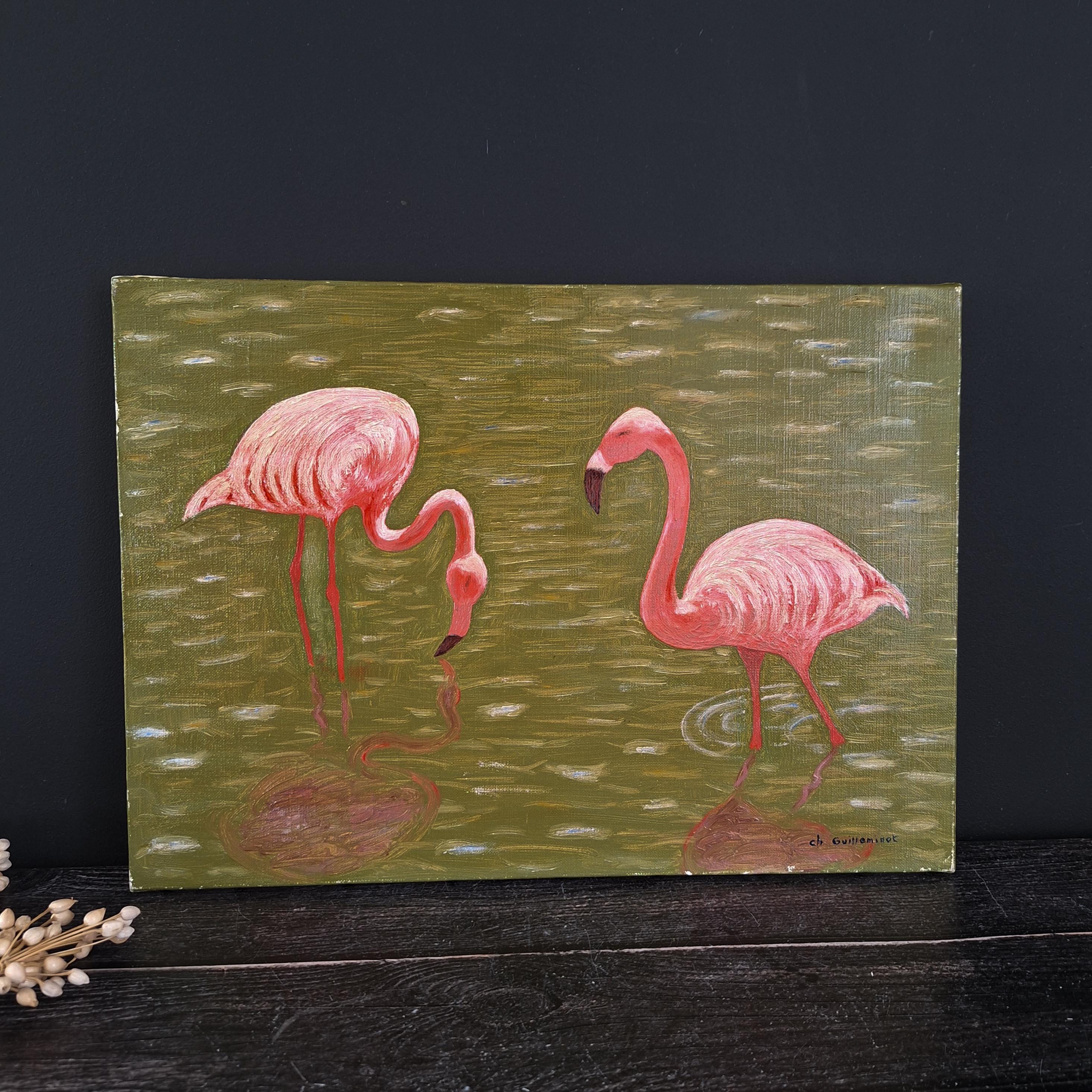 Vintage original oil painting flamingo - Etsy 日本