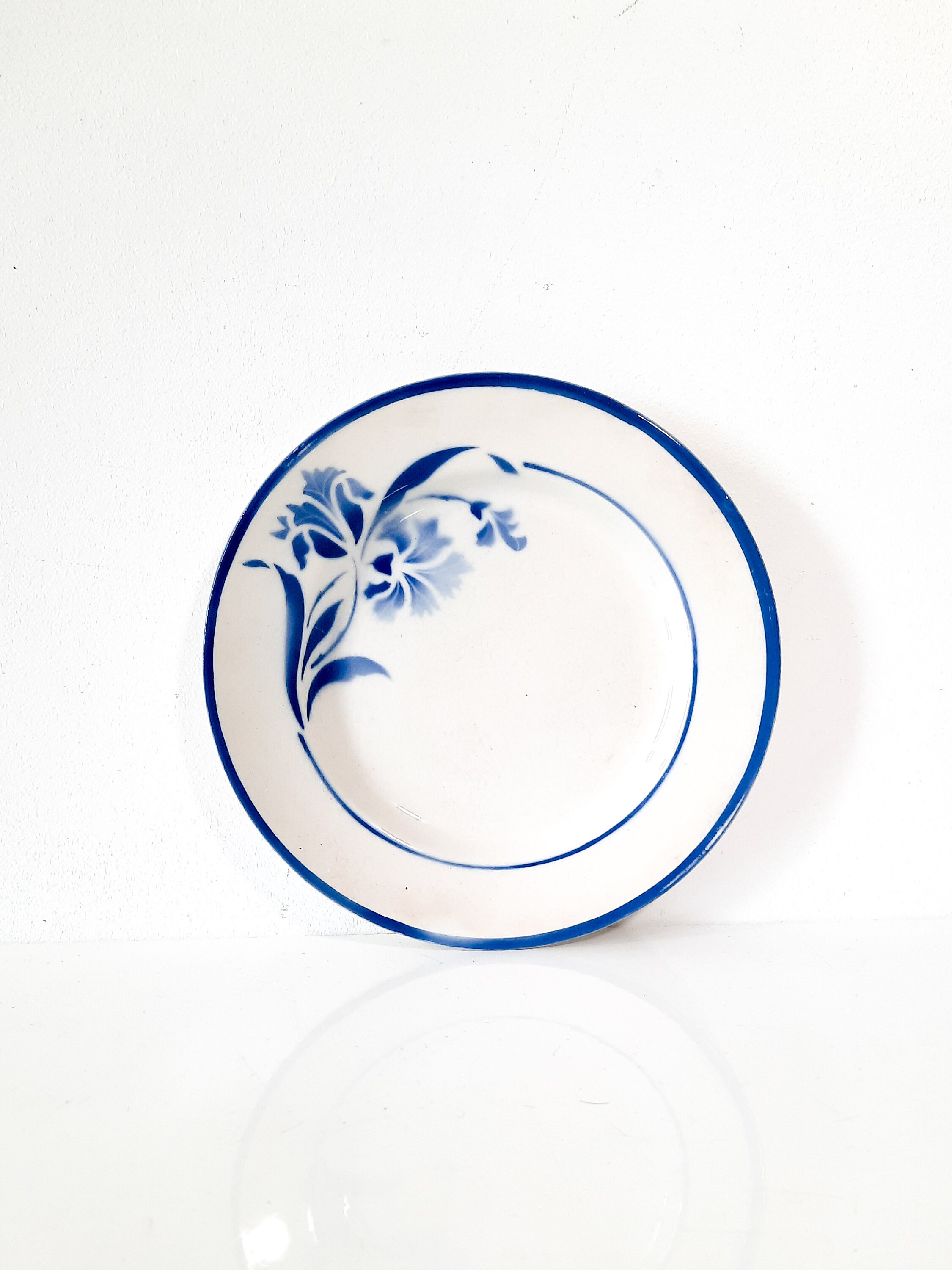 Alberic Dessert Art Déco Français Assiette de Bol en Poudre Bleue, Gien China Plates, , Mid Century 