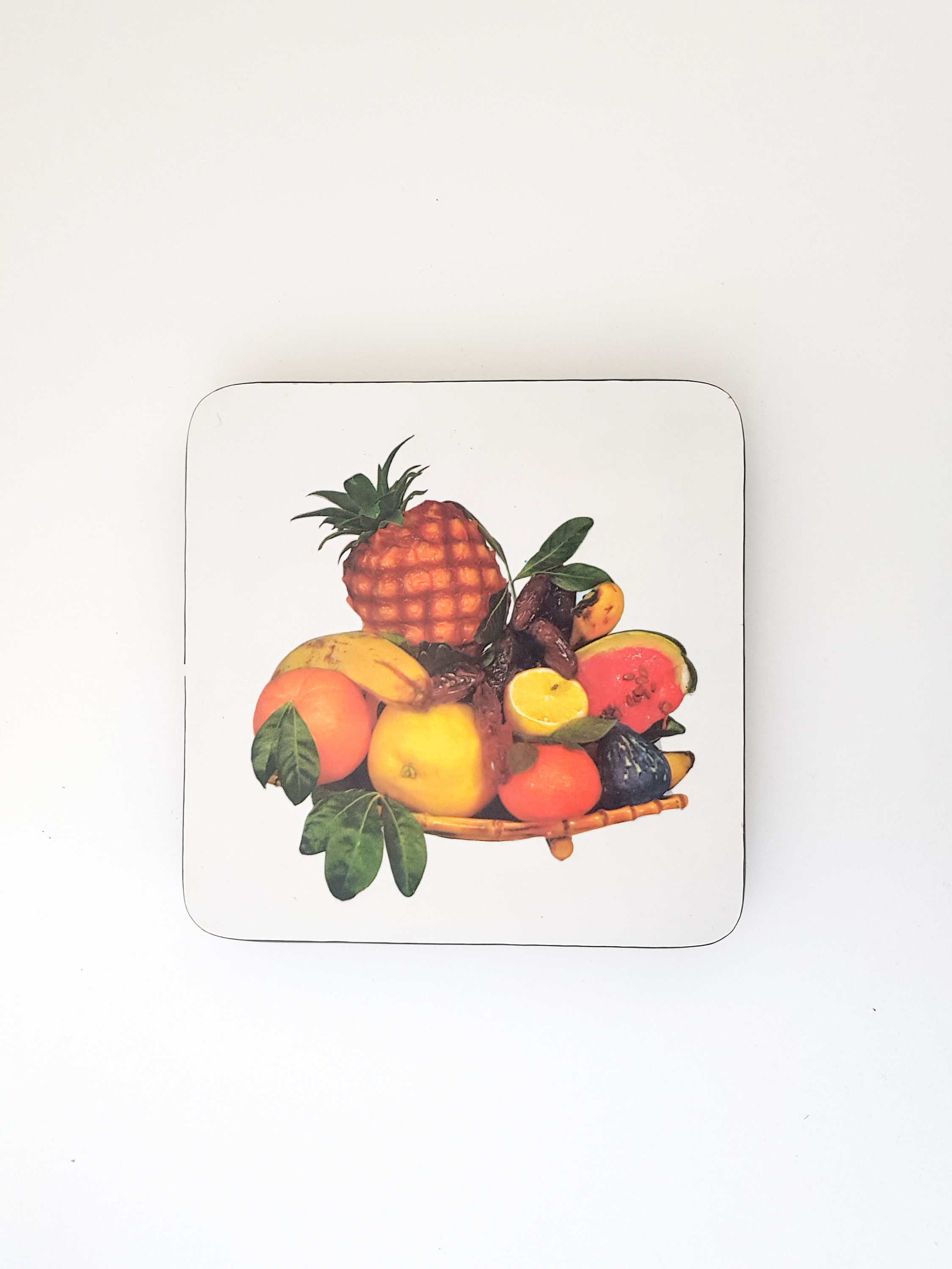 Mid Century Trivet Formica Aux Fruits Exotiques, Stratifié Blanc et Noir 60S, Pour Plats Chauds