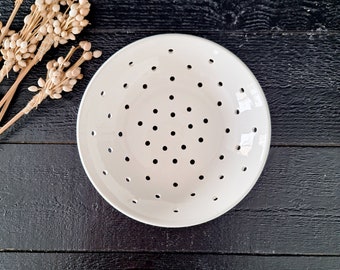 White Ceramic Colander Plate Vintage Digoin Sarreguemines Perforated Shallow Dish, White Ironstone Strainer Plate,Minimalist Bowl Stoneware