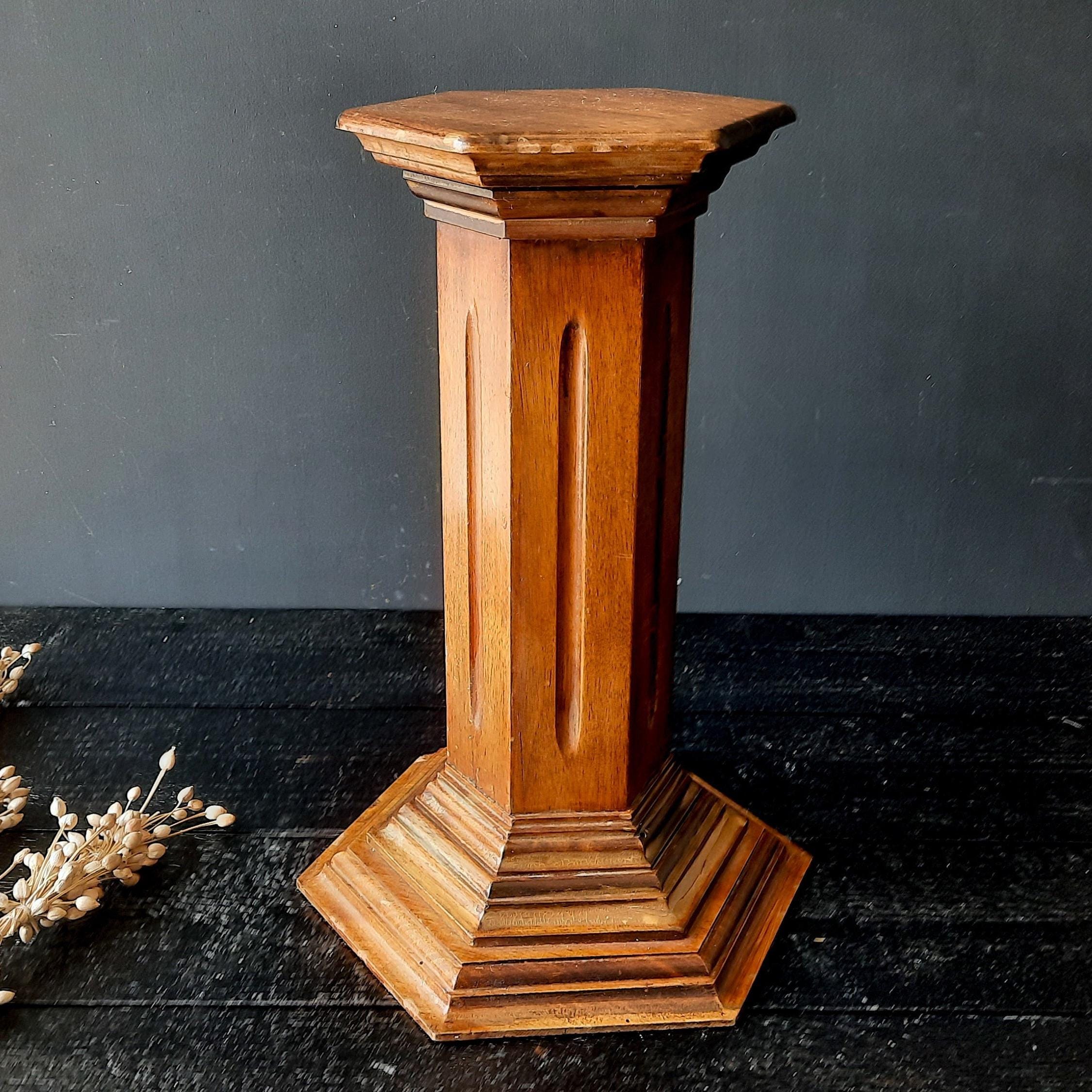 Wood Hexagonal Column Pedestal, 1970s, Vintage French Wooden