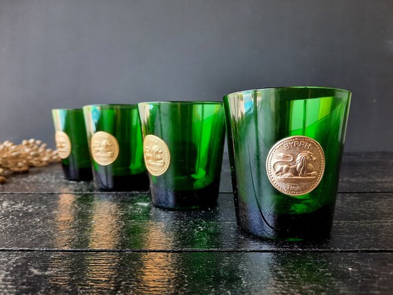 Set of 4 Green Glasses DUBONNET BYRRH Glasses Medallion Lion
