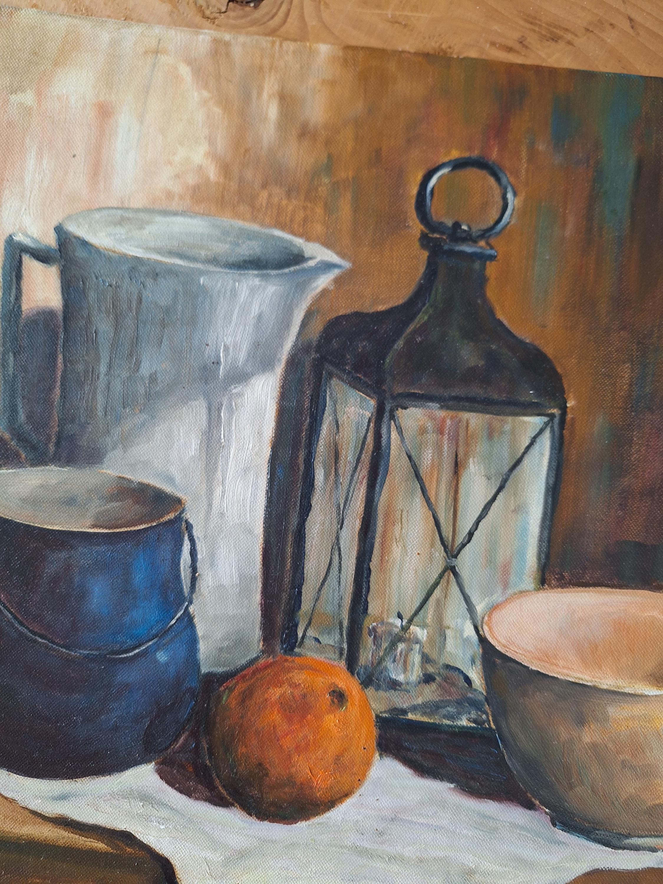 Vintage French Still Life Painting, Oil on Canvas Board, Rustic