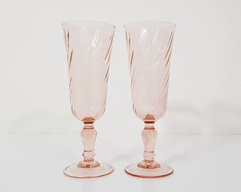 Set of 2 Pink Champagne Flutes Pink Glassware, Luminarc Pink Flutes, Rosaline Pink Swirl Glasses, Pink Swirl Glassware France