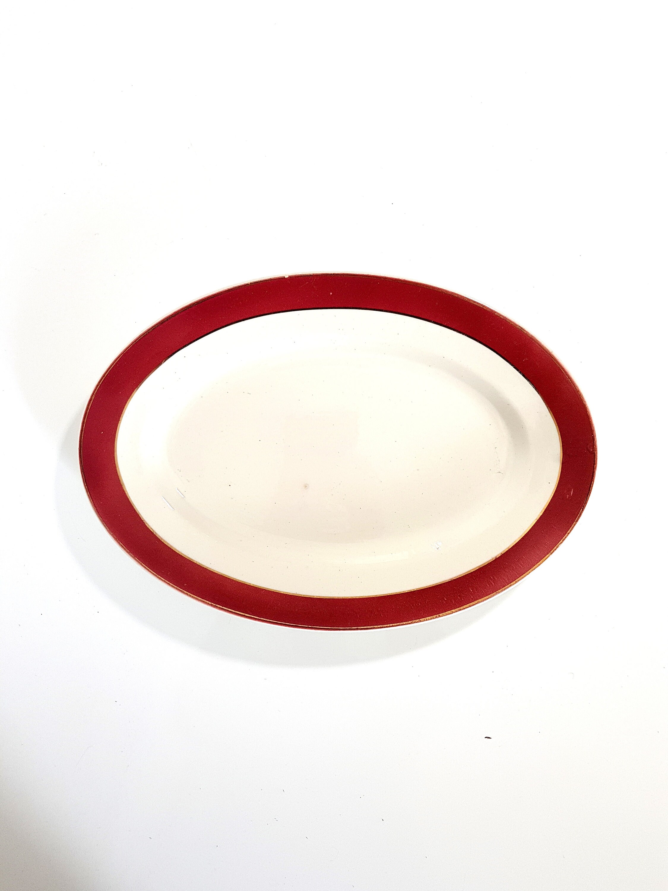 Grand Plat de Service Assiette Badonviller avec Bord Bordeaux Rouge, Ironstone Ovale Limoges Chine