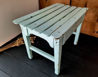 Large Rectangular Primitive Green Painted Rustic Wood Stool Table Chippy Painted