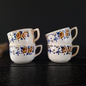 4 Coffee Cups from Digoin Sarreguemines, Hand painted Coffee Cup Set , French Vintage Earthenware Cups Small Ironstone Cups Antique