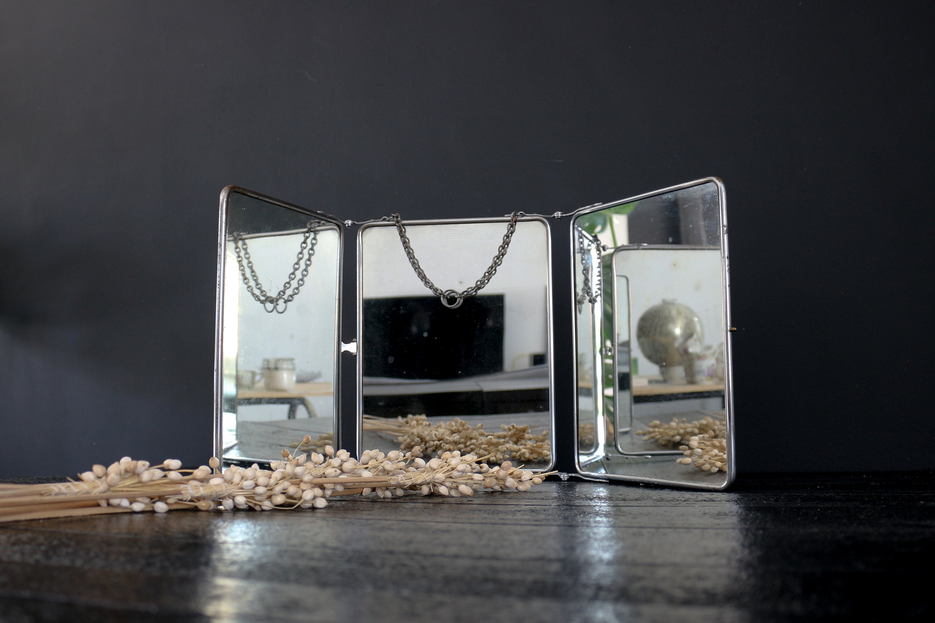 大型フランスアンティーク三つ折りミラー、ヴィンテージ三連ミラー