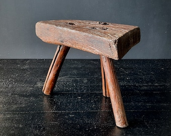 French Vintage Brutalist Tripod Stool Wood Rustic Three, Farmhouse Stool, Rustic Wood Stool, Hardwood Bench, Stool,Primitive Wood Stool