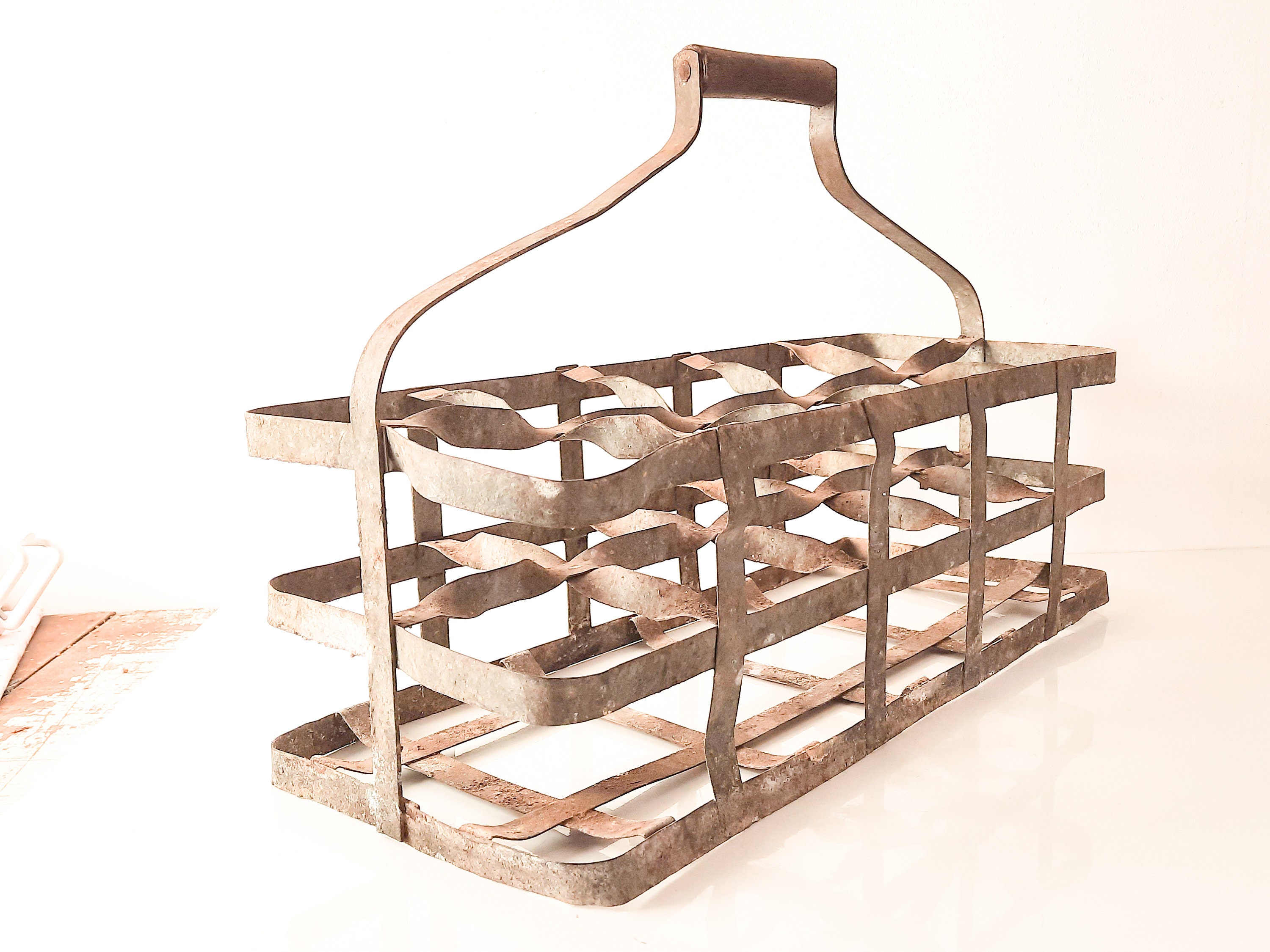 Très Grand Français Porte-Bouteilles en Zinc Vintage avec Poignée Bois Pour 10 Bouteilles, Cadeau Am