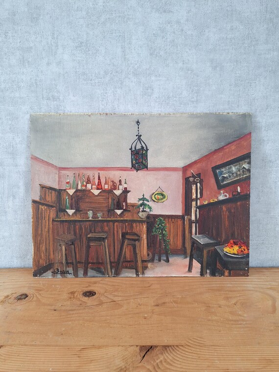 Vintage French Bistro Painting 1952, Signed Oil Painting on Wood Panel, Paris Café Bar Interior Wall Art