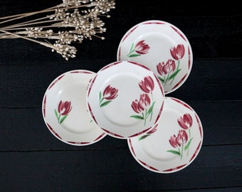 Sey von 4 BADONVILLER Tellern Tulpen Keramikteller Rustikal, Mid Century Modern Teller Vintage, französischer antiker roter Keramikteller Weiß China