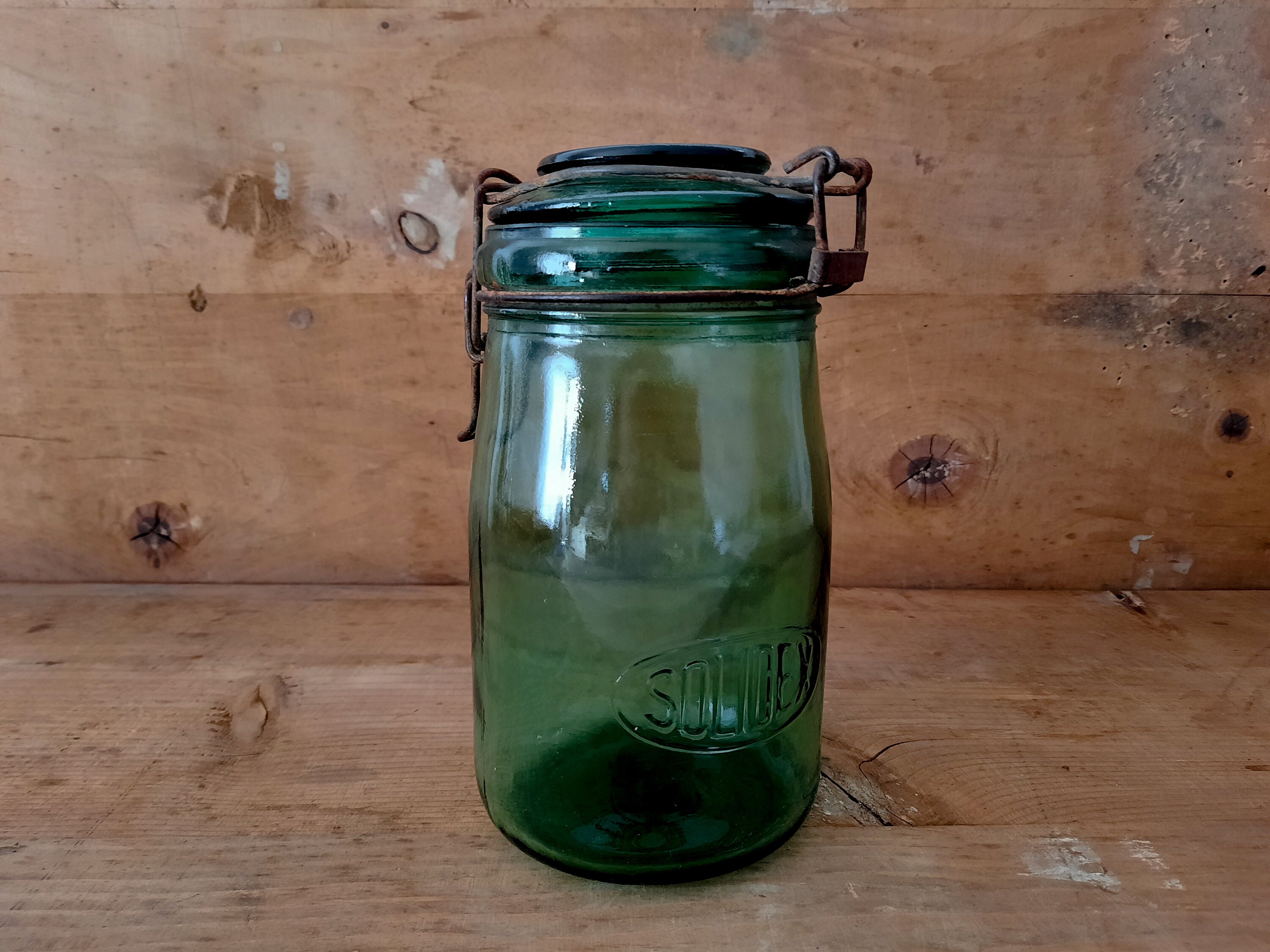 Français Vintage Solidex Green Glass Preserving Canning Jar 1 Litre, Rustic Farmhouse 1930S, Preserv