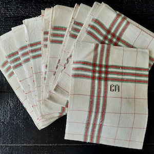 1 to 9 Large Unused French Linen Torchon Vintage, Monogrammed Kitchen Tea Towel CM, Red and Green Stripes, Linen Towel, For ONE