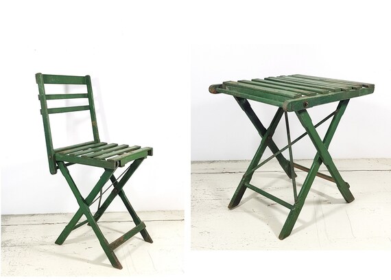 French Vintage Wooden Folding Slatted Chair Stool Green Etsy