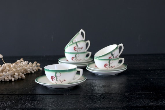 6 Ceramic Tea Cups and Saucers Set by DIGOIN Casino, French Vintage Coffee Cozy, Advertising French