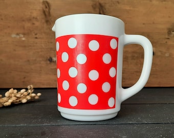 French ARCOPAL Milk Glass Jug Red Polka Dots Coffee Pot