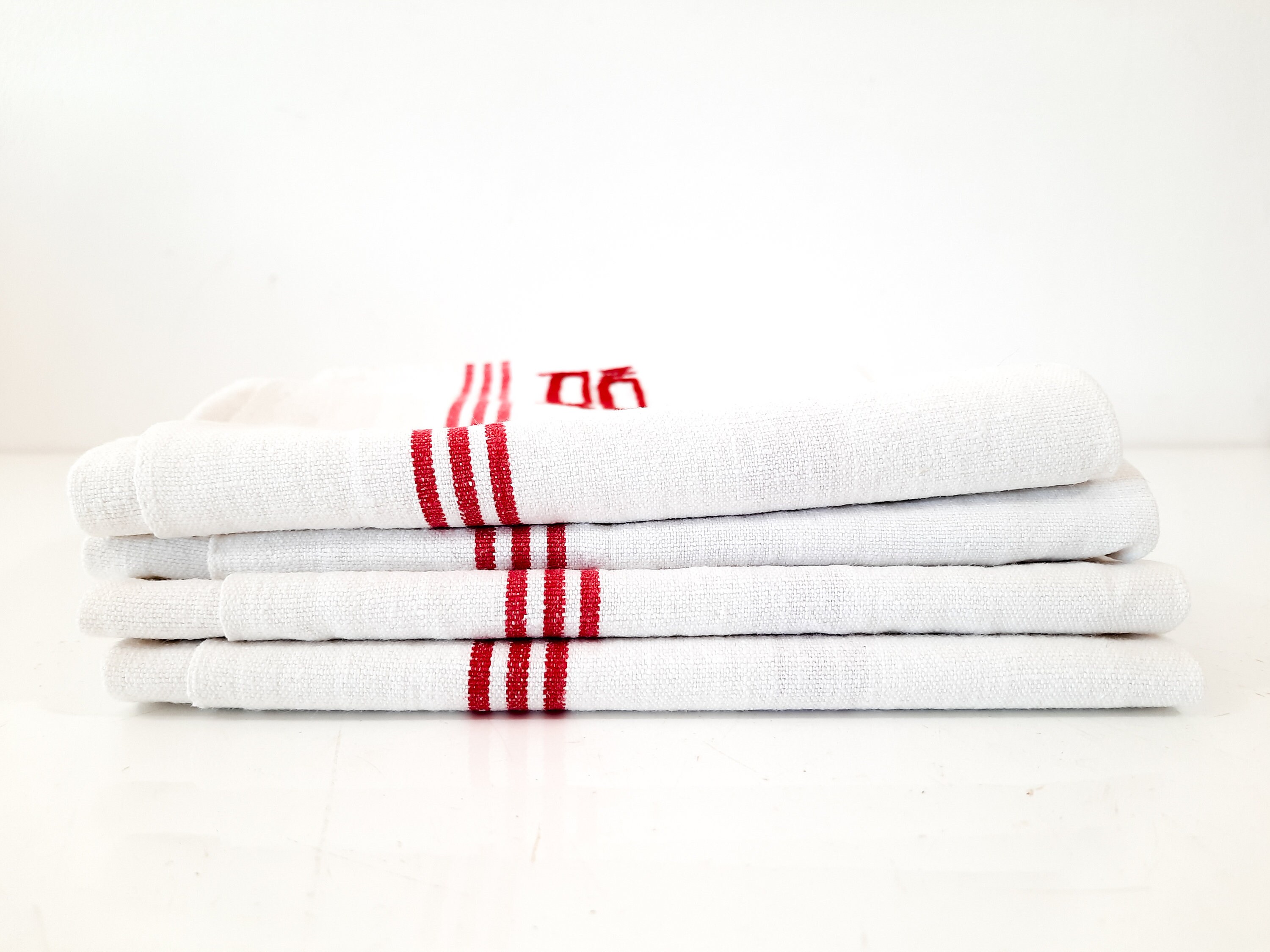 2 Antique Français Ensemble de Serviettes Rayées Rouges, Metis Linen Tea Towel Vintage Brodé Kitchen