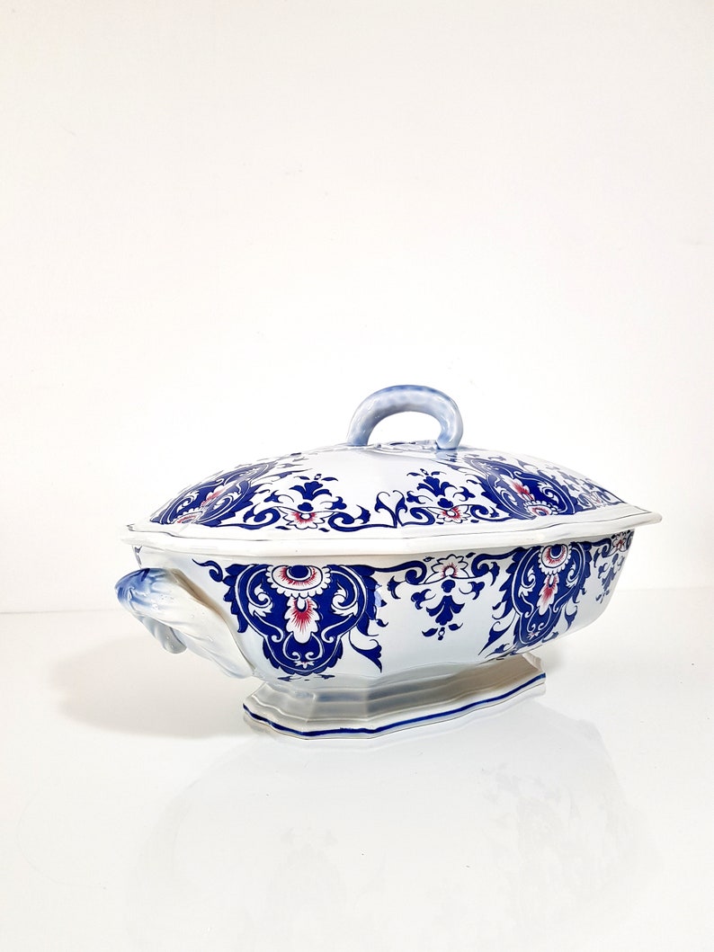 Large French Vintage Tureen with Lid, SALINS Rouen France, Lidded French Soupiere Ceramic White Blue, Large Serving Bowl, Pottery Soup Bowl image 2