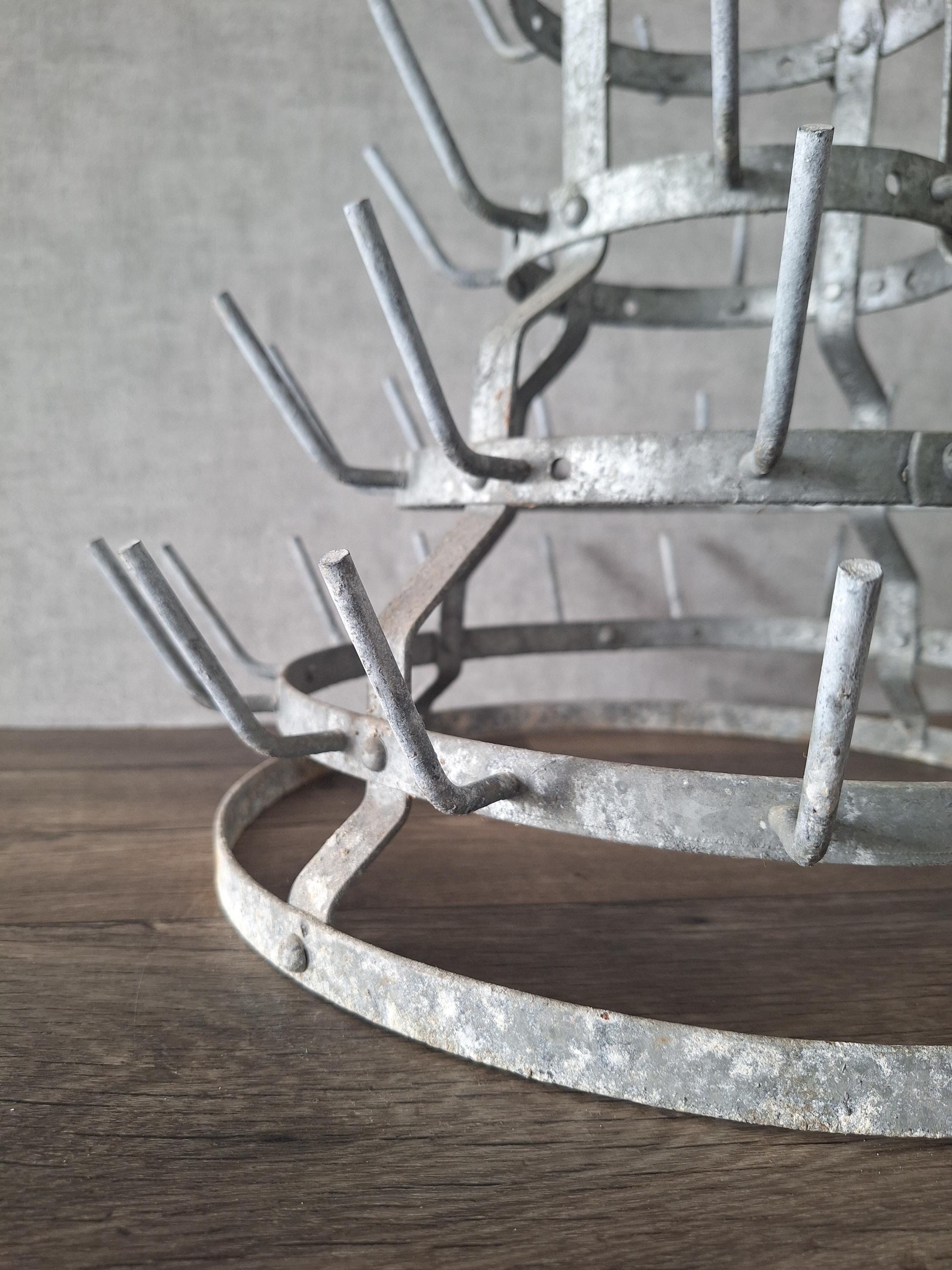 Antique French Galvanized Zinc Bottle Tree, 52 Bottles or Cups