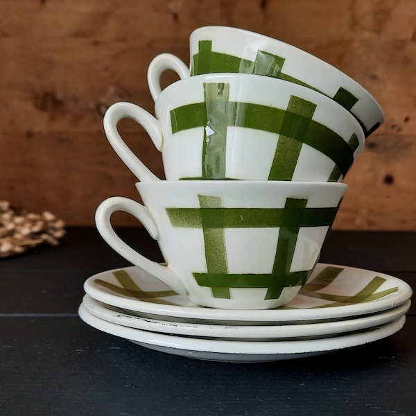 3 Ceramic  Coffee Cup and Saucer Set from Moulin des Loups Nappe, Green White Cup Set, French Vintage Coffee Cozy