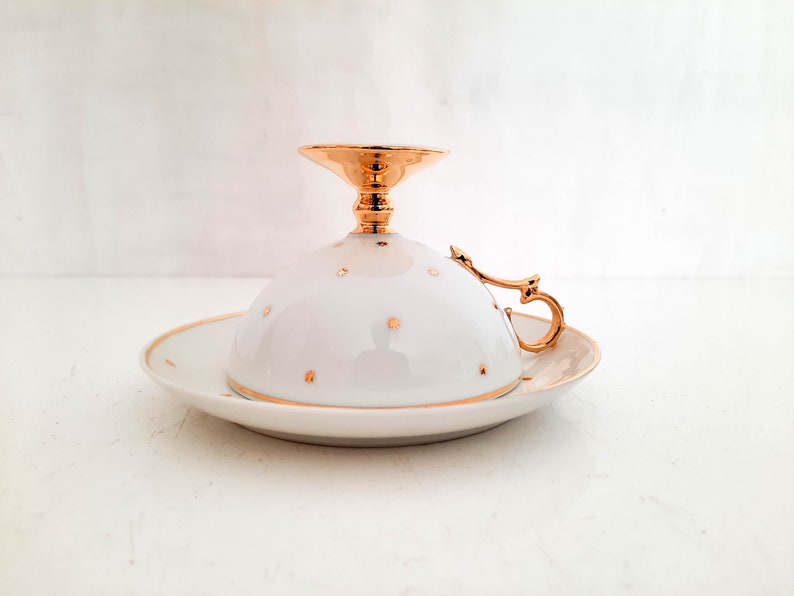 Empire Style Limoges Porcelain Cup and Saucer with Stars, White and Gold Porcelain China Tea Cup 1900s image 9