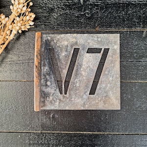 Antique French Metal Stencil with Wooden Handle. Stencil Letter and Number V7