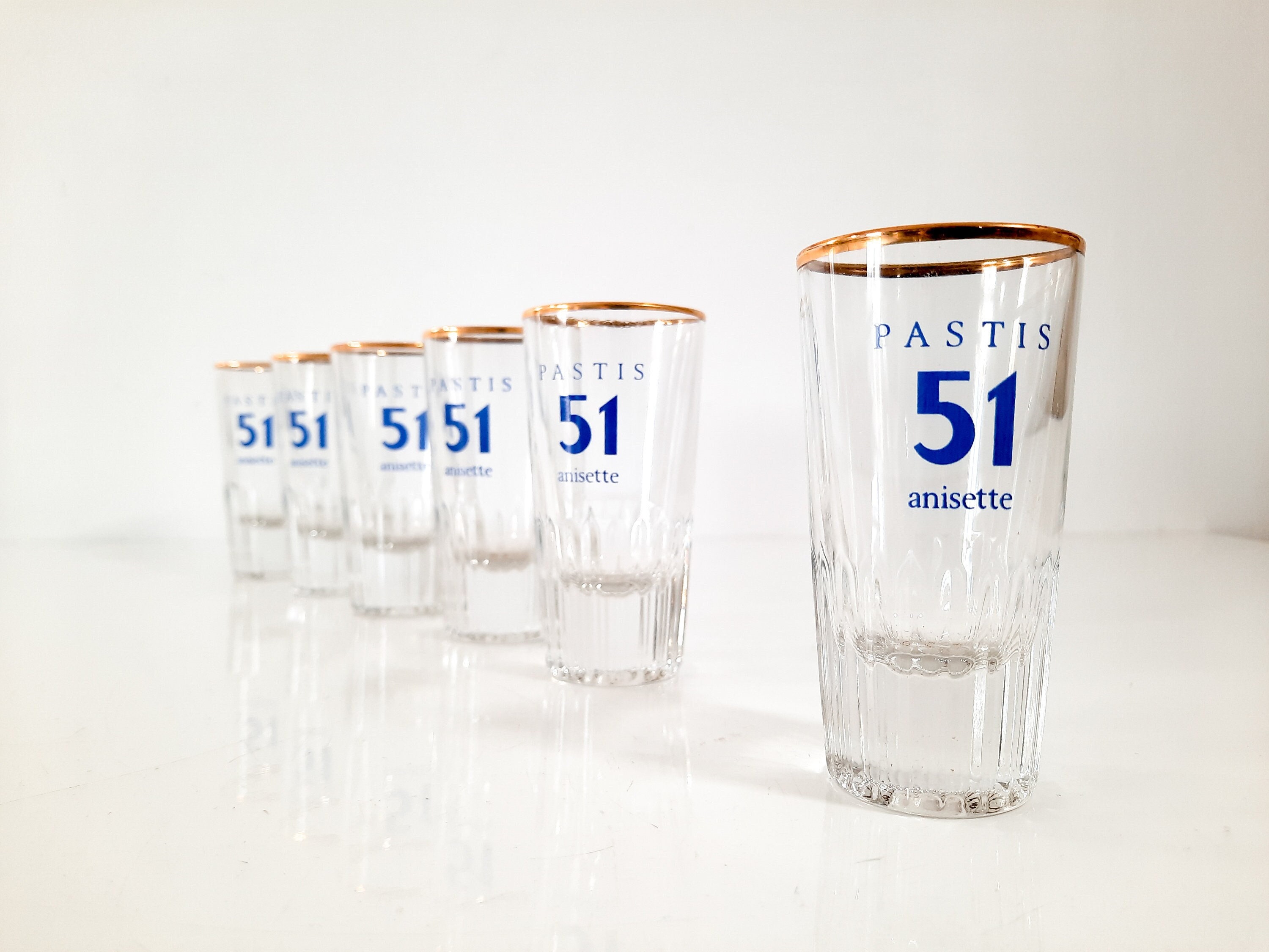 Ensemble de 6 Verres Pastis Français Verre Apéritif, Art Déco, Bords Dorés, Anisette Pastis 51 avec 