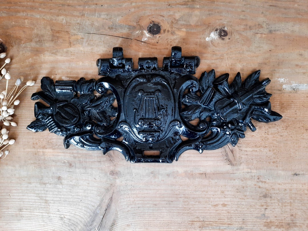 Large French Cast Iron Ornament With Musical Instruments, Black Cast
