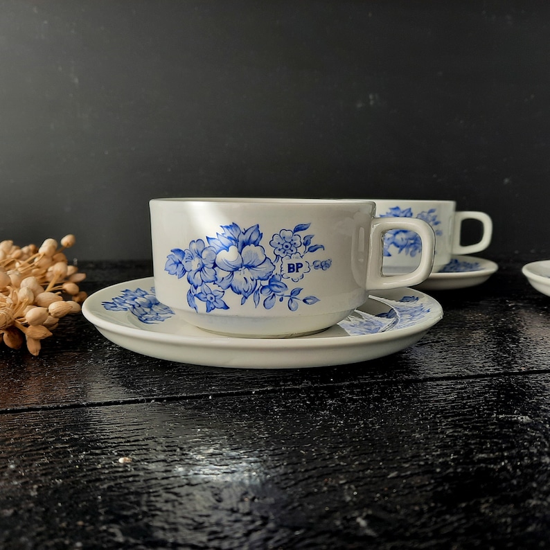 Large Cup and Saucer SARREGUEMINES Blue and White Floral Porcelain Tea Set, Breakfast Cup and Saucer, Romantic Blue image 1