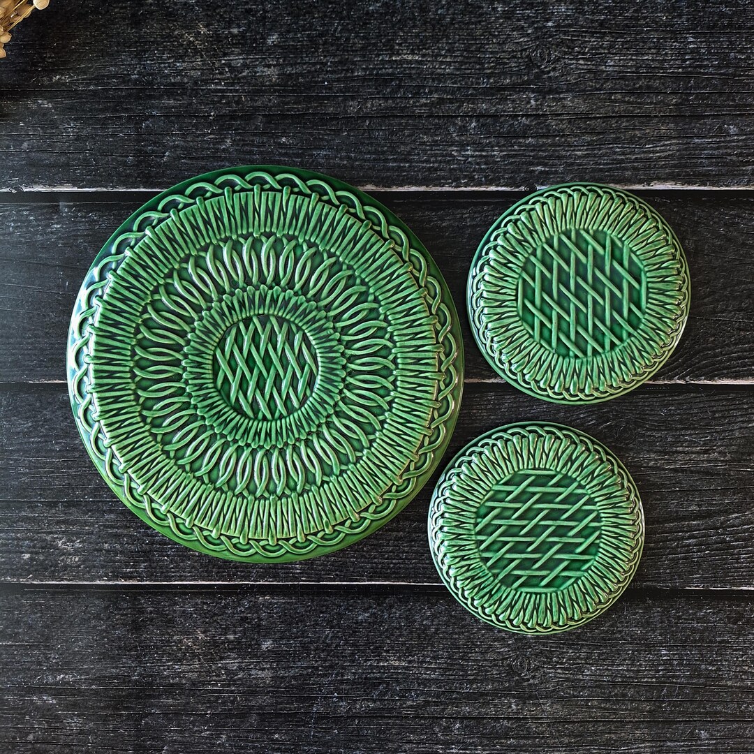 Pattern Faience Gien France Green Woven Pattern Faience Trivet and Coasters Set of 3 ...