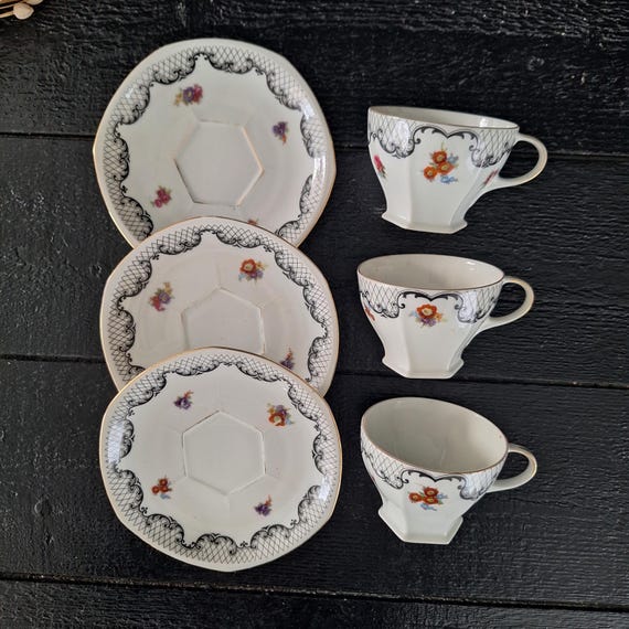 Service à Café Art Déco 6 Tasses - Porcelaine MZ Czechoslovakia - Décor Fleurs Roses